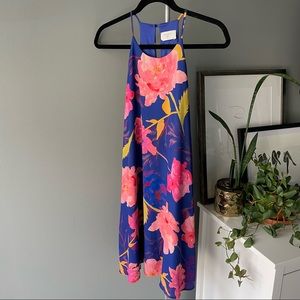 High-neck Blue Floral Shift Dress